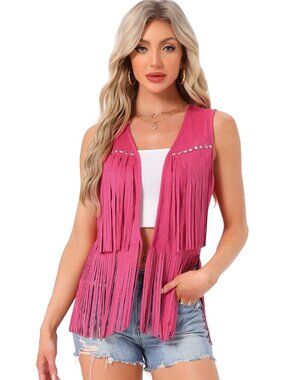 Women's Hot Pink Faux Suede Fringe Top Vest Open Front Western Tassel Cardigan